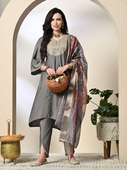 MYSHKA - Women Solid V-Neck Bell Sleeves Grey Kurta with Dhoti and Dupatta (Set of 3)