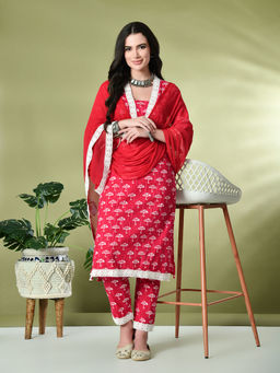 MYSHKA - Women Printed V-Neck Three Fourth Sleeves Pink Kurta with Pant and Dupatta (Set of 3)