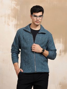 Kvetoo - Blue Men Cable Knit Full Sleeve Sweater Jacket Front Full Zipper Jacket