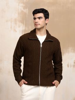 Kvetoo - Brown Men Cable Knit Full Sleeve Sweater Jacket Front Full Zipper Jacket