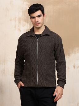 Kvetoo - Brown Men Cable Knit Full Sleeve Sweater Jacket Front Full Zipper Jacket