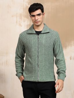 Kvetoo - Green Men Cable Knit Full Sleeve Sweater Jacket Front Full Zipper Jacket