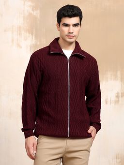 Kvetoo - Wine Men Cable Knit Full Sleeve Sweater Jacket Front Full Zipper Jacket