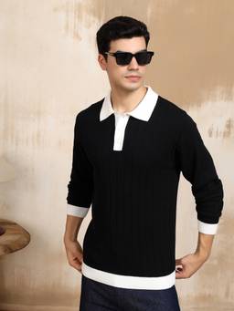 Kvetoo - Black Men Cotton Full Sleeve Collar Polo T-shirt