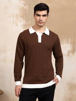 Kvetoo - Brown Men Cotton Full Sleeve Collar Polo T-shirt
