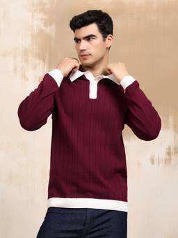 Kvetoo - Burgundy Men Cotton Full Sleeve Collar Polo T-shirt