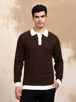Kvetoo - Brown Men Cotton Full Sleeve Collar Polo T-shirt