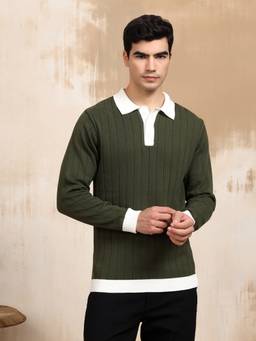 Kvetoo - Olive Men Cotton Full Sleeve Collar Polo T-shirt