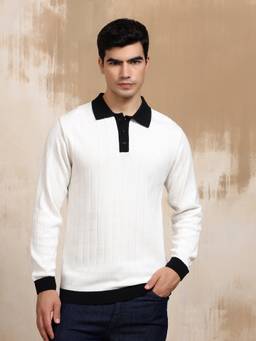 Kvetoo - White Men Cotton Full Sleeve Collar Polo T-shirt