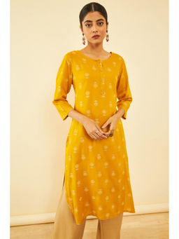 Soch - Women Mustard Rayon Floral Print Straight Kurta