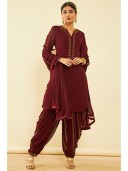 Soch - Women Maroon Georgette Stone Embellished Kurta with Salwar & Dupatta (Set of 3)