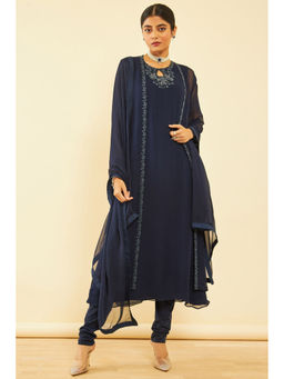 Soch - Women Blue Bead work Anarkali Kurta with Churidar & Dupatta with Shrug (Set of 4)