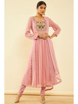 Soch - Women Onion Pink Floral Embroidered Anarkali Kurta with Churidar & Dupatta (Set of 3)