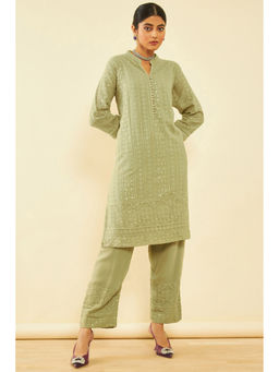 Soch - Women Olive Georgette Floral Embroidered Kurta & Pants (Set of 2)
