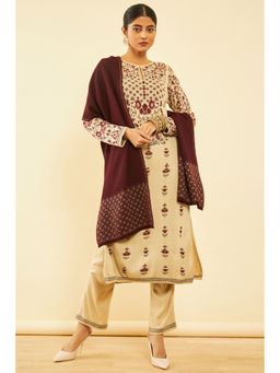 Soch - Women Beige Acrylic Floral Pattern Knitted Winter Kurta with Pant & Shawl (Set of 3)