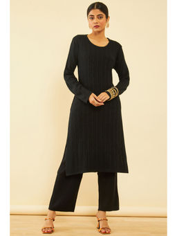 Soch - Women Black Acrylic Woven Knit Full Sleeves Winter Kurta & Pant (Set of 2)