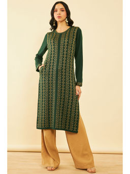 Soch - Women Green Acrylic Woven Pattern Straight Winter Kurta with Pocket