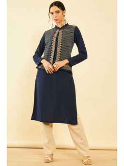 Soch - Women Navy Blue Acrylic Straight Winter Kurta with Jacket Overlay