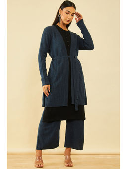 Soch - Women Navy Blue Acrylic Cable Knit Open Front Long Line Shrug with Belt (Set of 2)