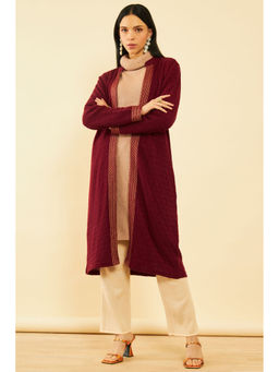 Soch - Women Maroon Acrylic Woven Pattern Knitted Open Front Long Line Shrug