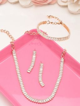 Zaveri Pearls - Rose Gold Baguette Cubic Zirconia Necklace Earring and Bracelet Set-ZPFK12570