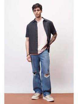 FREAKINS - Basic Blue Knee Ripped Men's Straight Jeans