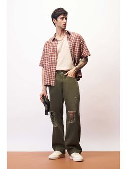 FREAKINS - Dark Olive Distressed Men's Wide Jeans