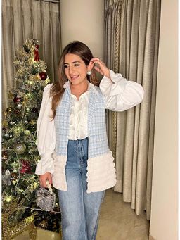 Label Deepika Nagpal - Blue Faux Fur Textured Waist Coat