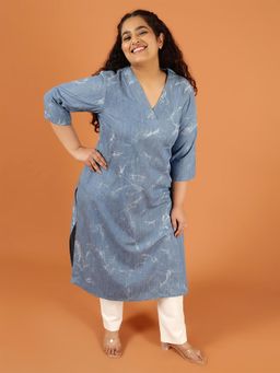 Amydus - Plus Size Denim Cotton V Neck Kurta Marble Wash