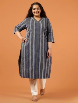 Amydus - Plus Size Grey and Blue Striped Cotton V Neck Kurta