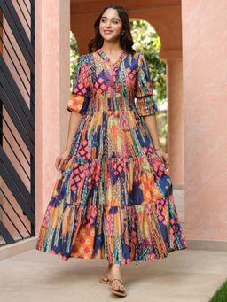Rain & Rainbow - Women Ethnic Printed V Neck Ruffle Detail Dress