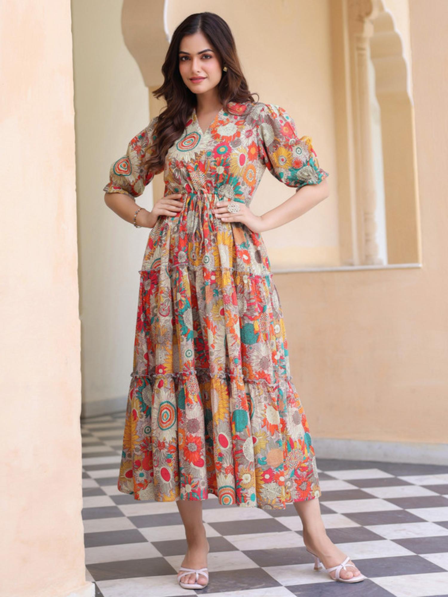 Women Floral Printed V-Neck Pure Cotton Ethnic Dresses