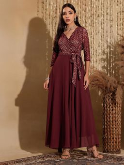 Miss Chase - Women's Maroon V-Neck Wrap Georgette Maxi Ethnic Dress