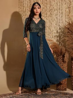 Miss Chase - Women's Teal Relaxed Fit V-Neck Ethnic Maxi Dress