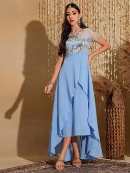 Miss Chase - Women's Multicolored-Base-Sky Blue Floral Georgette Ethnic Gown