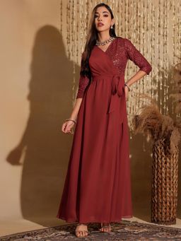 Miss Chase - Women's Brick Red V-Neck Wrap Styled Georgette Ethnic Maxi Dress