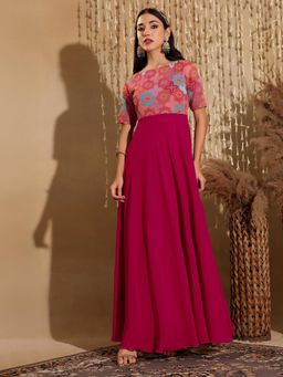 Miss Chase - Women's Dark Pink Fit and Flare Georgette Ethnic Dress