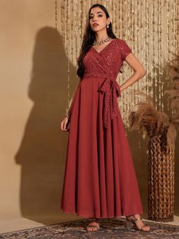Miss Chase - Women's Brick Red V-Neck Short Sleeve Georgette Fusion Maxi Ethnic Dress