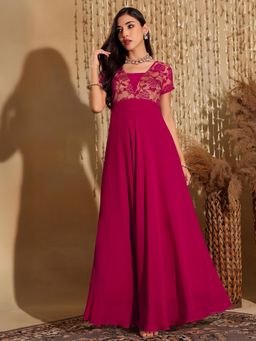 Miss Chase - Women's Dark Pink Self Design Lace Overlaid Fusion Ethnic Dress