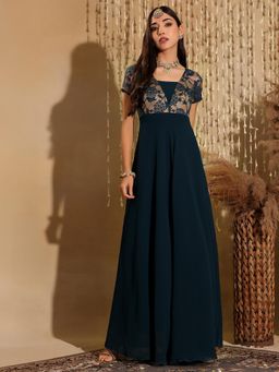 Miss Chase - Women's Teal Square Neck Self Design Lace Georgette Ethnic Maxi Dress