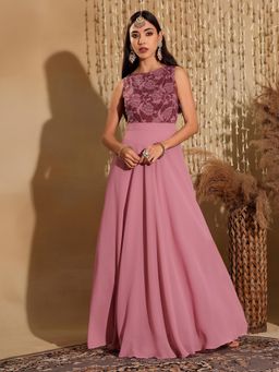 Miss Chase - Women's Lavender Round neck Sleeveless Solid Lace Overlaid Ethnic Dress