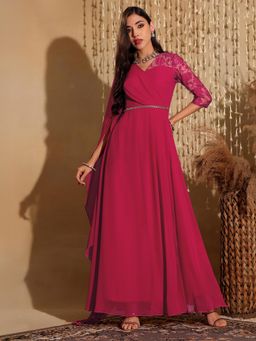 Miss Chase - Women's Dark Pink V-Neck Self-Designed Fusion Maxi Ethnic Dress