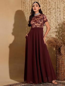 Miss Chase - Women's Maroon Relaxed Fit Regular Georgette Fusion Ethnic Dress