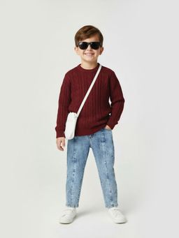 max - Boys Maroon Solid Cable Knit Sweater