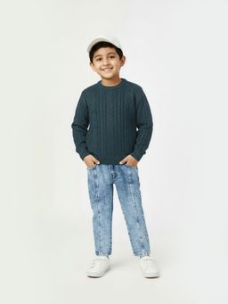 max - Boys Green Solid Cable Knit Sweater