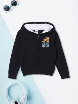 max - Boys Navy Blue Embroidered Hooded Sweater