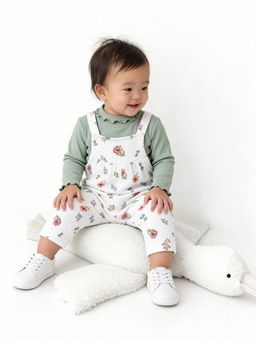 max - Girls White Floral Print Dungaree with Green Top