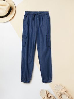 max - Girls Blue Solid Denim Cargo Joggers