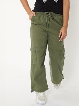 max - Girls Olive Solid Cargo Parachute Trousers