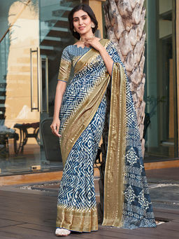 SANSKAR - Blue Cotton Ikat Zari Border Printed Saree with Unstitched Blouse